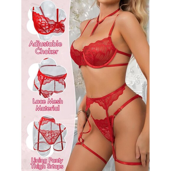 Women's Red Sexy Lingerie Set Push Up Lace Garter Belt Bra And Panty Set - Picture 3 of 6